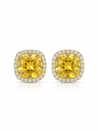 Pair of gold stud earrings featuring yellow cushion-cut center stones surrounded by clear pavé halo borders on a white studio background.