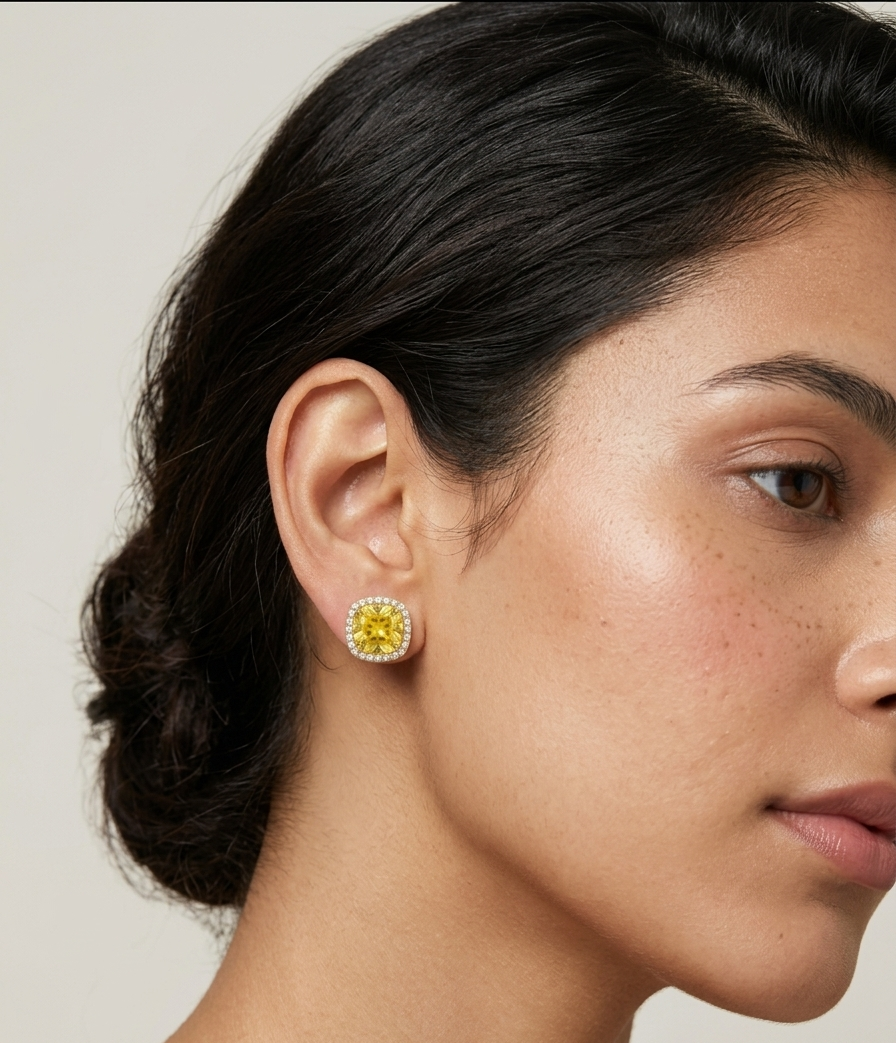 Pair of gold stud earrings featuring yellow cushion-cut center stones surrounded by clear pavé halo borders on a white studio background.