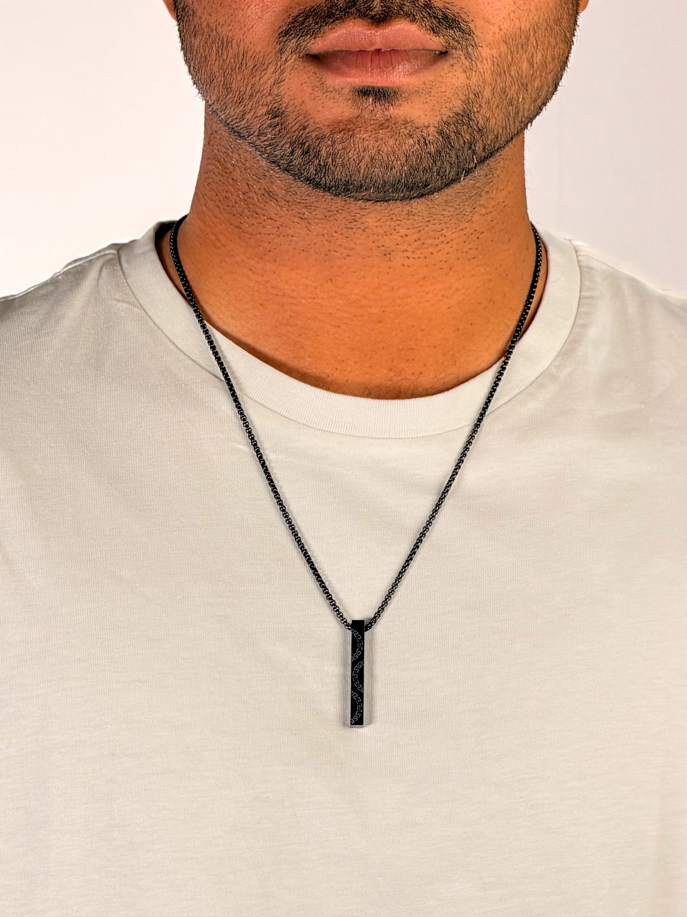 Greek Key Vertical Bar Necklace in Matte Black