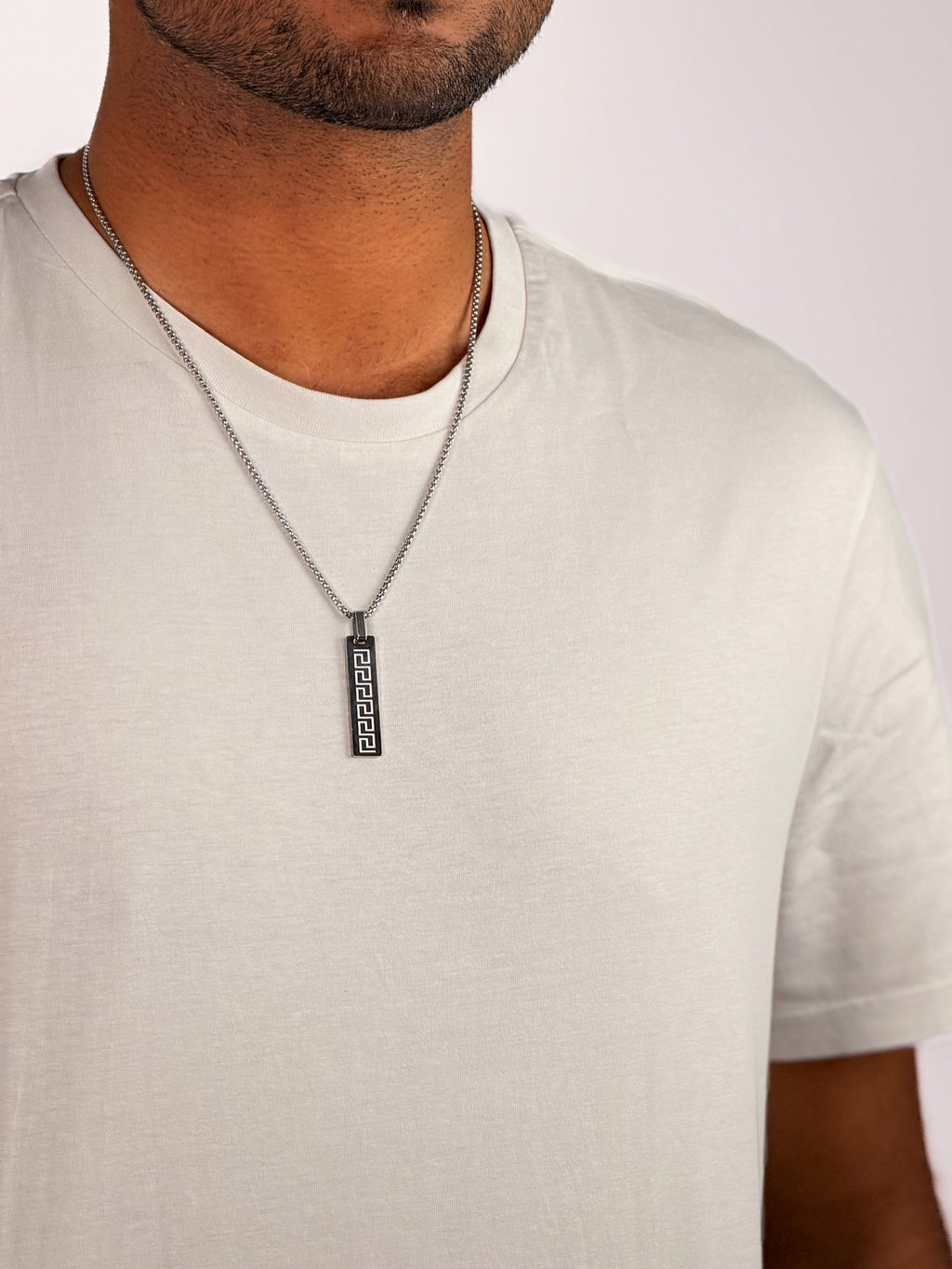 Silver Greek Key Onyx Bar Necklace