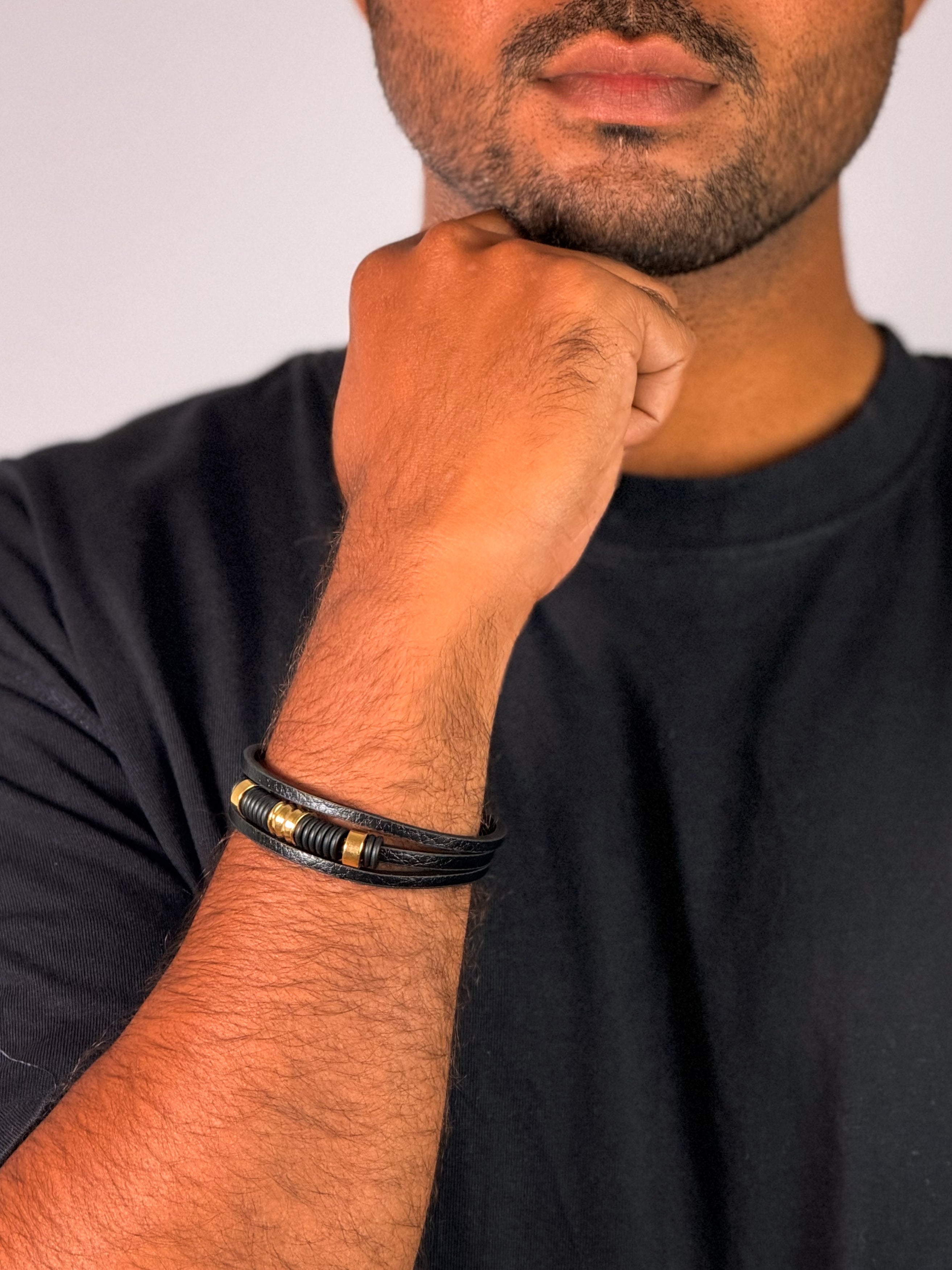 Leather Braid Gold Bar dual-strand Bracelet