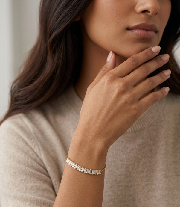 Anti Tarnish 18K Gold Plated Lineage Baguette Tennis Adjustable Bracelet for Women