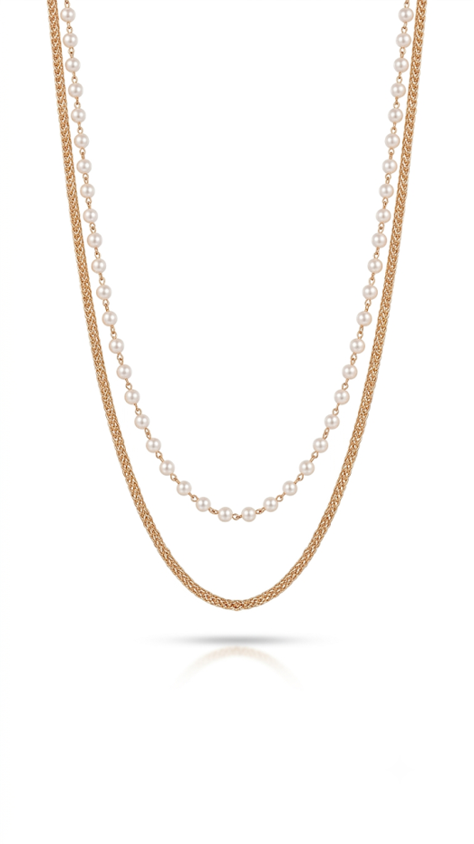 Luminous Pearl and Textured Gold Layered Necklace 18K gold plated