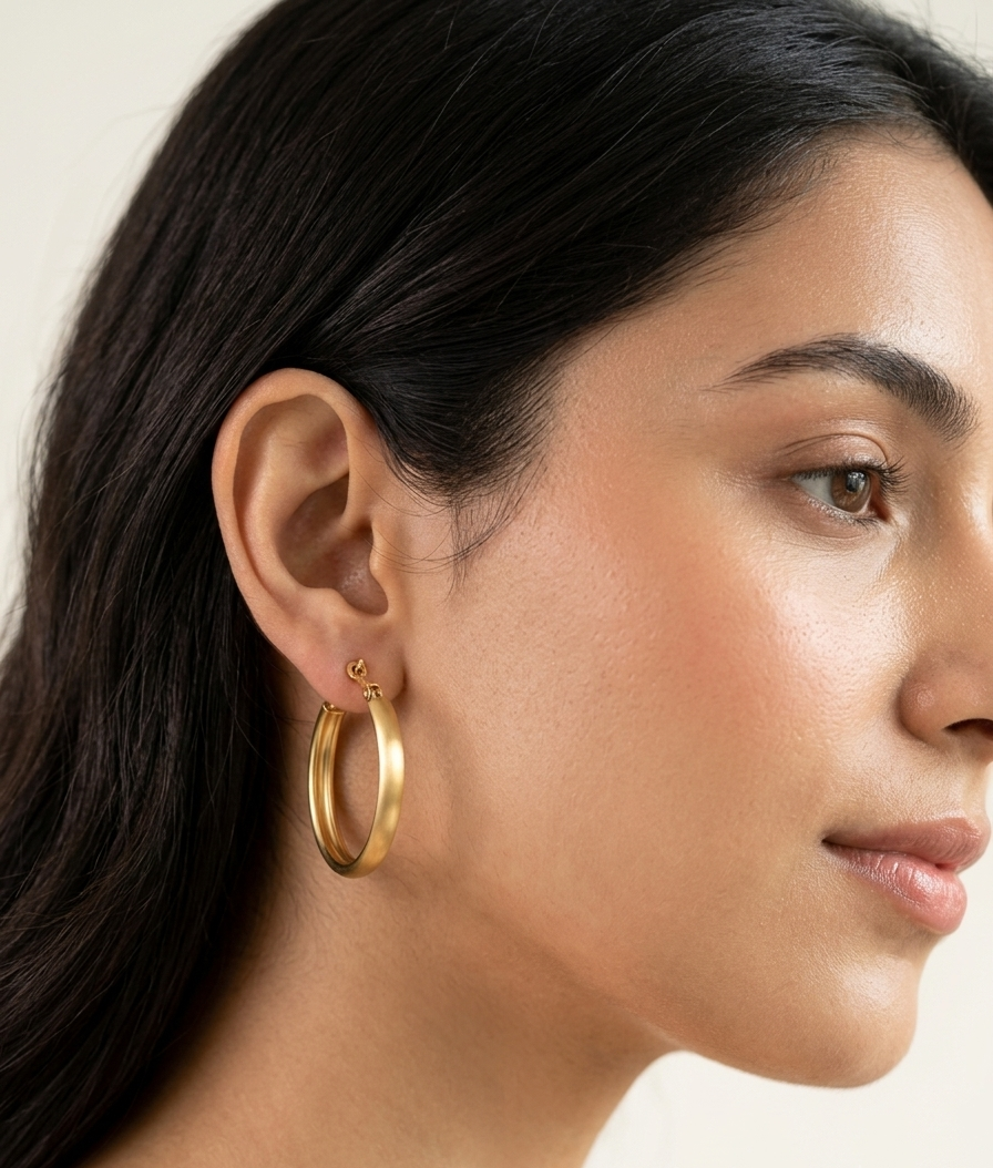 Pair of medium-sized oval hoop earrings featuring a brushed matte gold finish set against a pure white background.