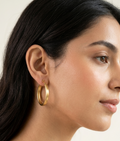 Pair of medium-sized oval hoop earrings featuring a brushed matte gold finish set against a pure white background.
