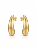 Pair of elongated matte gold teardrop-shaped stud earrings with post backs displayed against a white background.