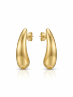 Pair of elongated matte gold teardrop-shaped stud earrings with post backs displayed against a white background.