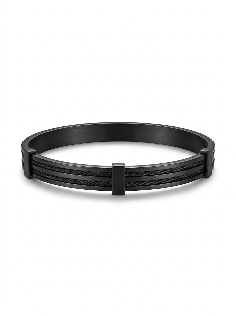 Matte black cable-textured bangle bracelet for men.