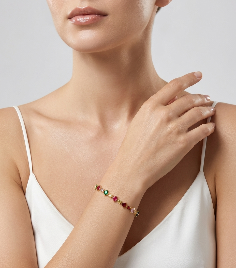 Model wearing Anti-tarnish 18K gold-plated multi-color square-stone bracelet.