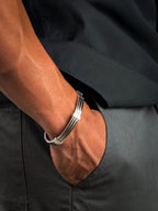 Model wearing Anti-tarnish silver cable-textured kada bracelet.