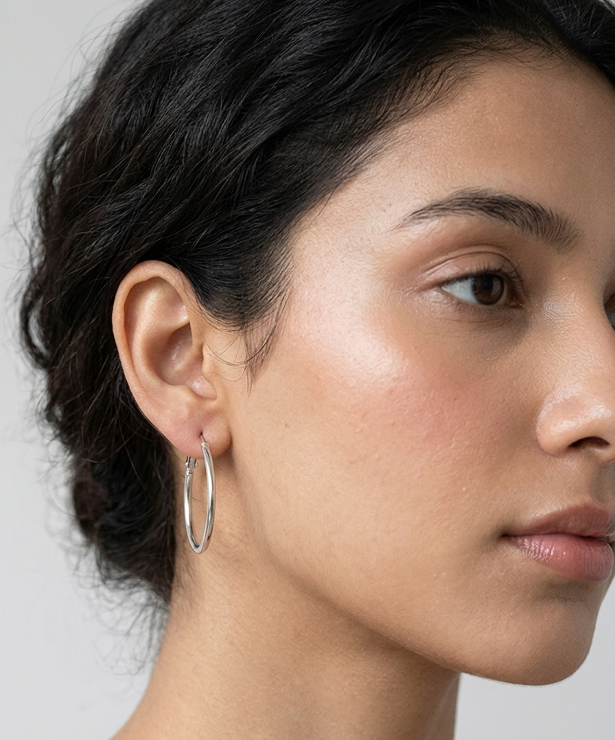 Model wearing Classic round silver hoop earrings.