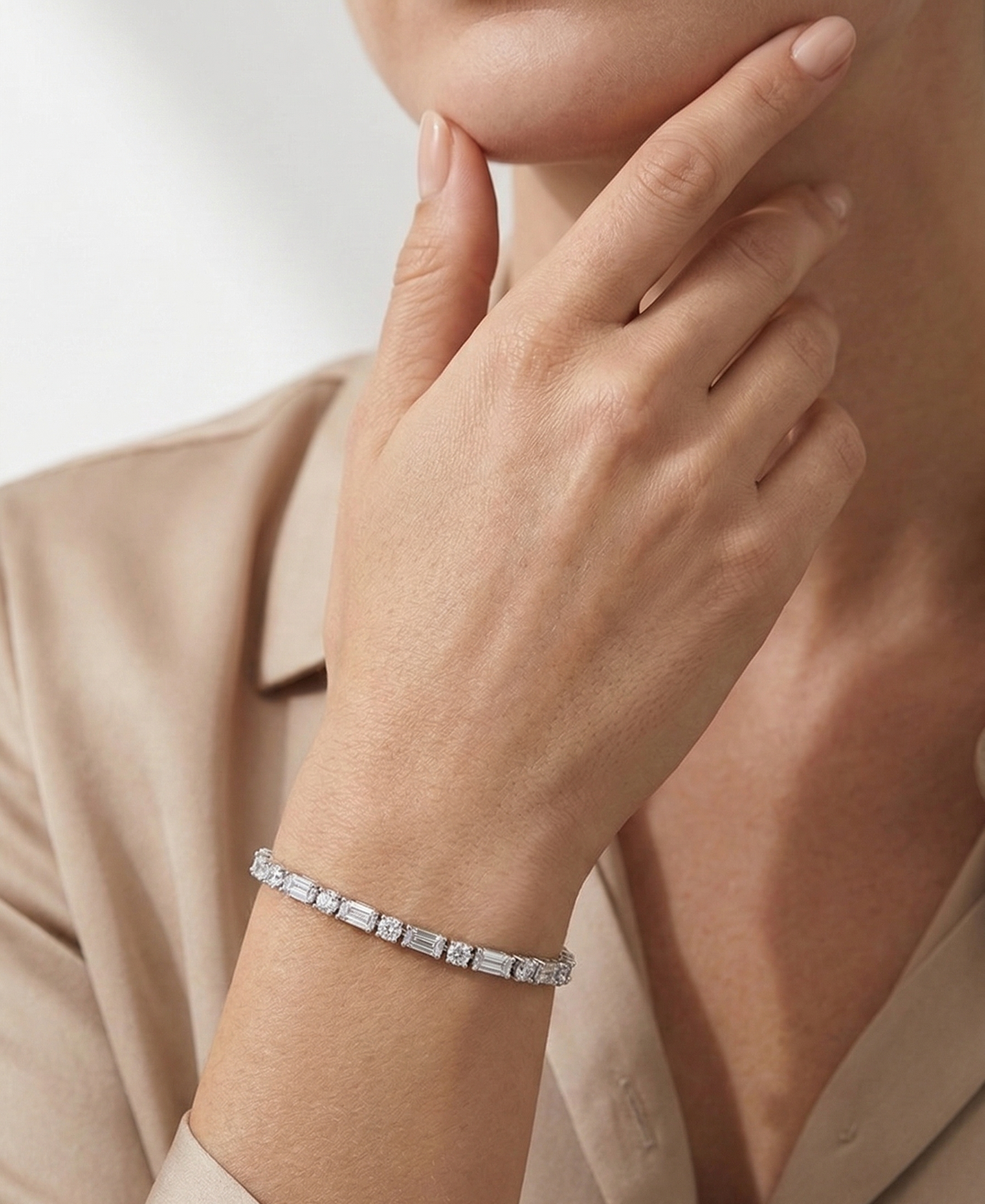 Model wearing Mixed-cut crystal tennis bracelet.