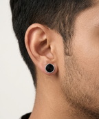 Model wearing Pair of Dual-Tone Matte Studs, matte black and brushed chrome finish