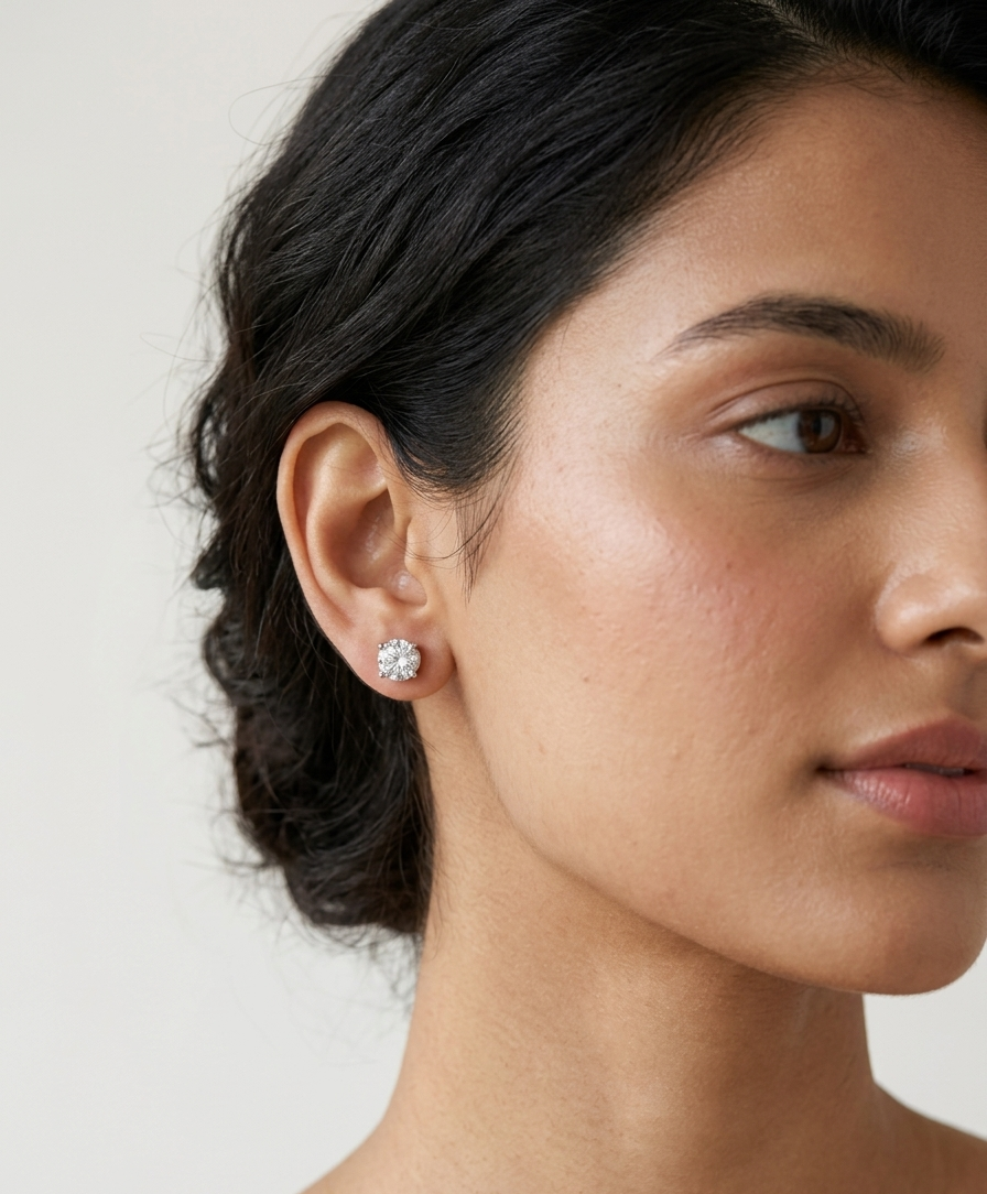 Model wearing Round circular stud earrings with a soft, radiant shimmer.