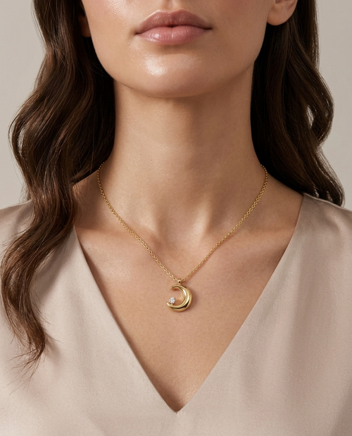 Modle weaaring Anti-tarnish 18K gold-plated crystal crescent moon pendant necklace.