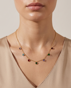 Modle wearing Anti-tarnish 18K gold-plated multi-color crystal heart charm necklace.