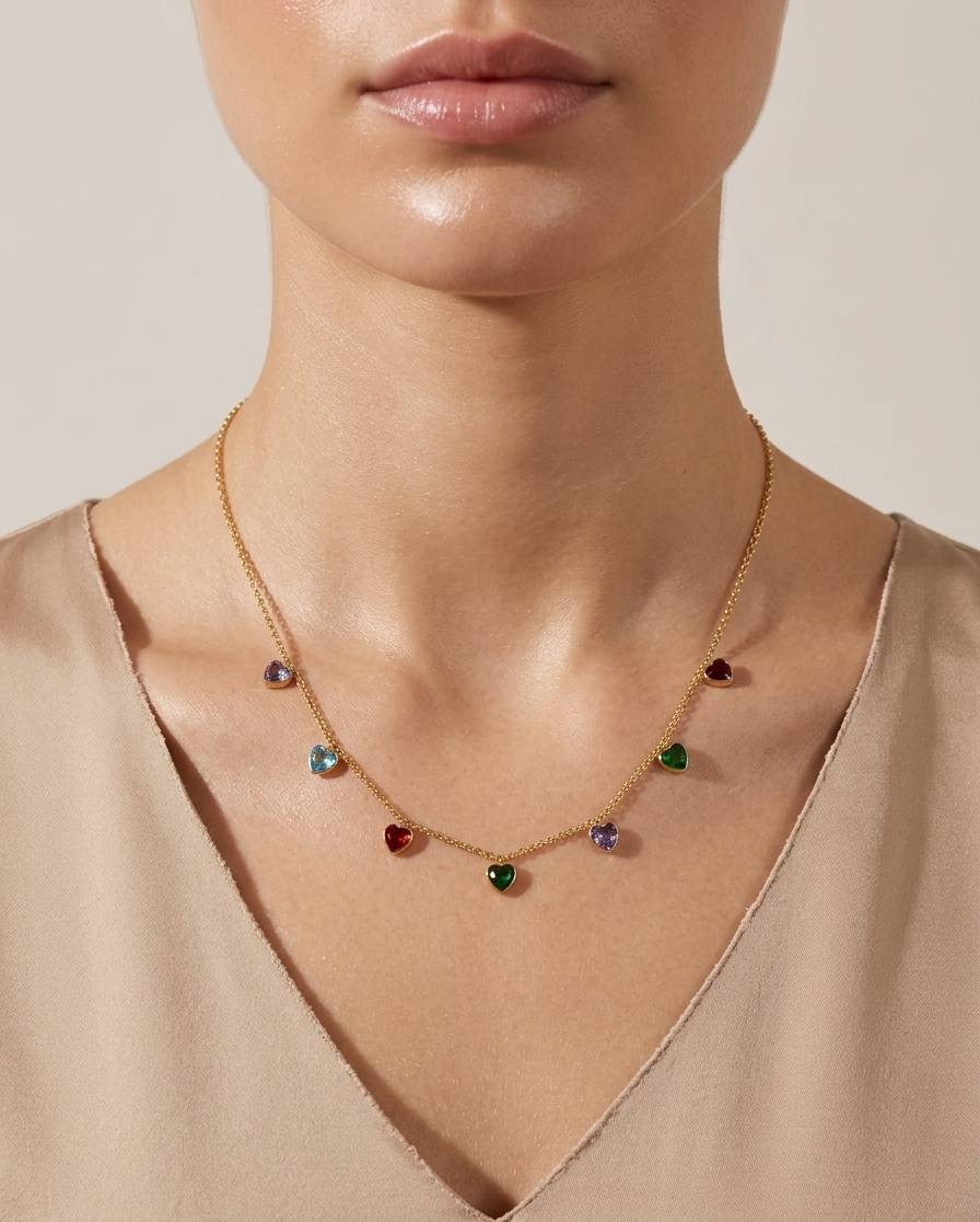 Modle wearing Anti-tarnish 18K gold-plated multi-color crystal heart charm necklace.