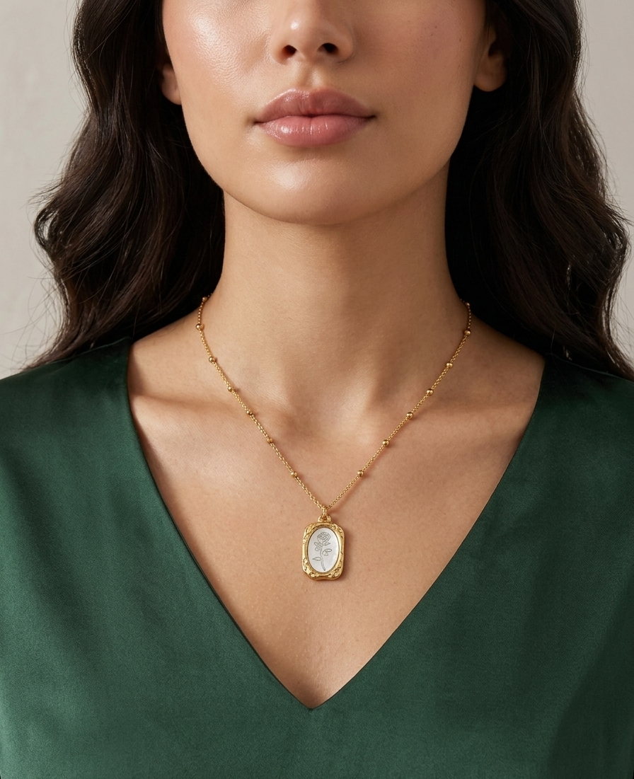Modle wearing Anti-tarnish 18K gold-plated vintage rose medallion satellite necklace.