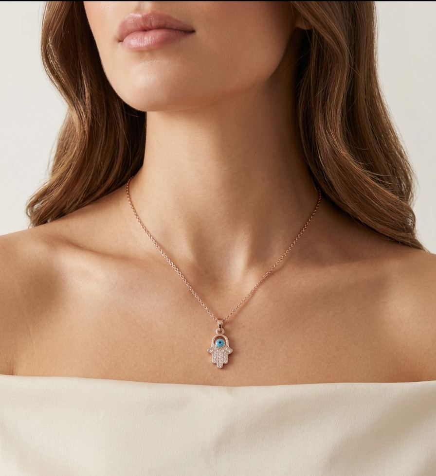 Modle wearing Anti-tarnish rose gold-plated Hamsa hand evil eye pendant necklace.