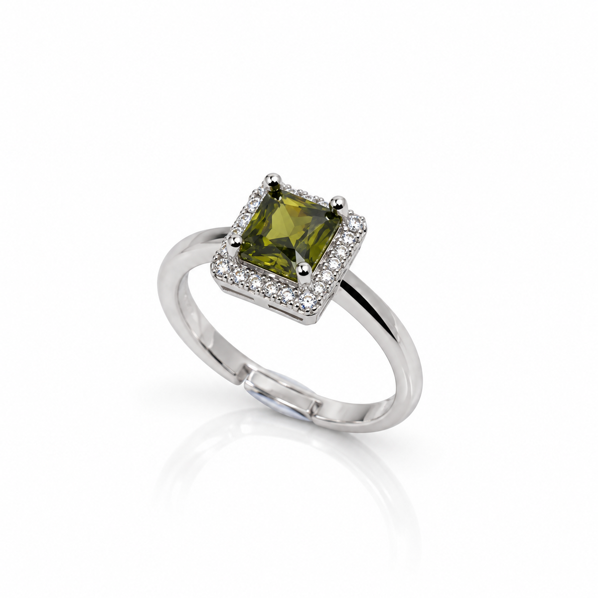 Indaah Olive Royale silver-tone ring with rectangular olive-green centre stone and sparkling clear stone halo