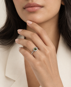 Indaah Olive Royale silver-tone ring with rectangular olive-green centre stone and sparkling clear stone halo