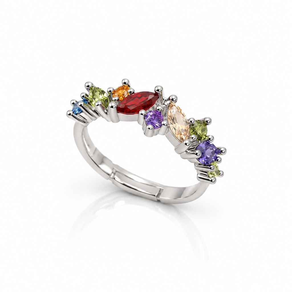 Indaah Prism Rainbow silver-tone ring featuring colourful red, purple, green, blue, orange and champagne gemstones