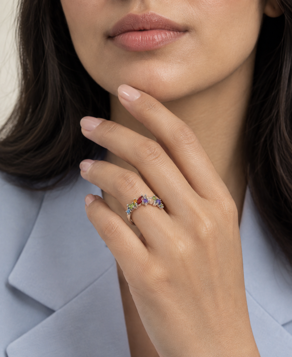 Indaah Prism Rainbow silver-tone ring featuring colourful red, purple, green, blue, orange and champagne gemstones
