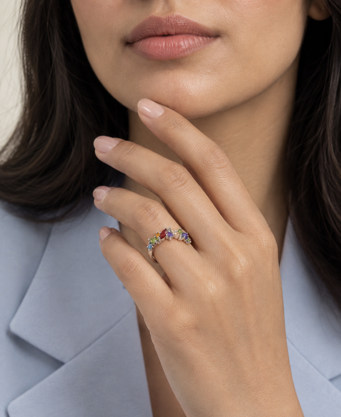 Indaah Prism Rainbow silver-tone ring featuring colourful red, purple, green, blue, orange and champagne gemstones