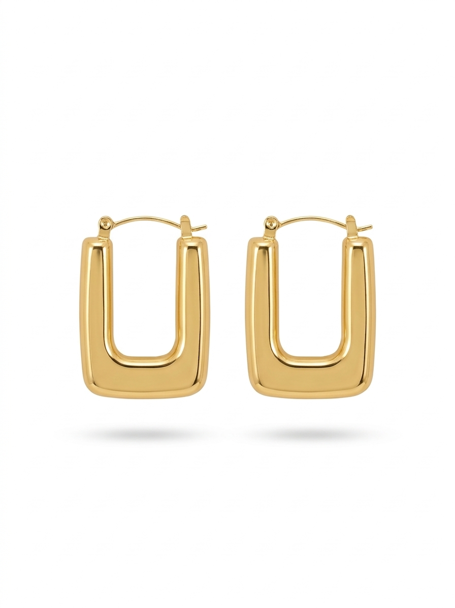 Rectangular U-shaped gold-plated hoop earrings.