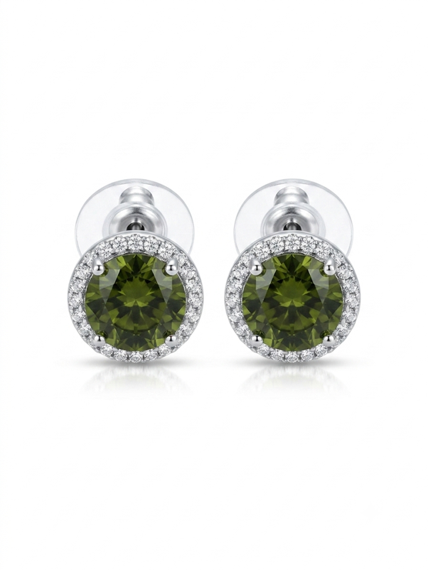Anti Tarnish 18K Gold Plated Round Green Solitaire Studs for Women.
