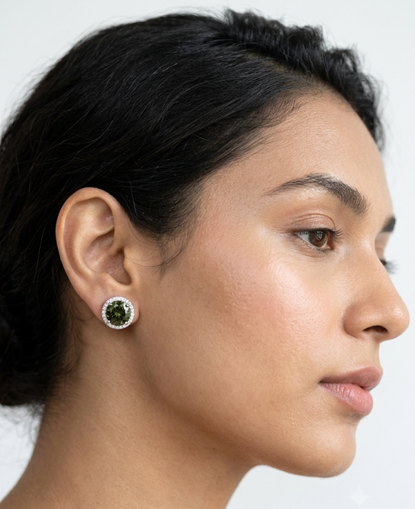 Anti Tarnish 18K Gold Plated Round Green Solitaire Studs for Women.