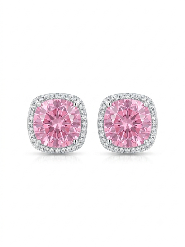 Anti Tarnish 18K Gold Plated Round Pink Solitaire Studs for women.