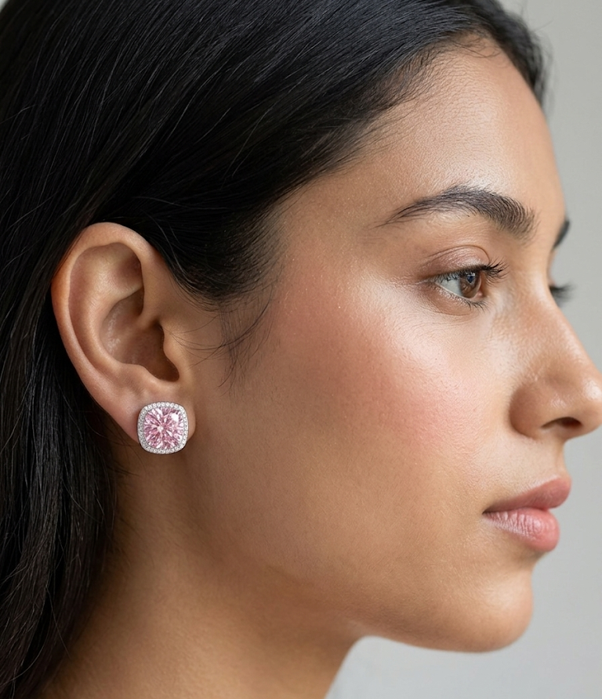 Anti Tarnish 18K Gold Plated Round Pink Solitaire Studs for women.