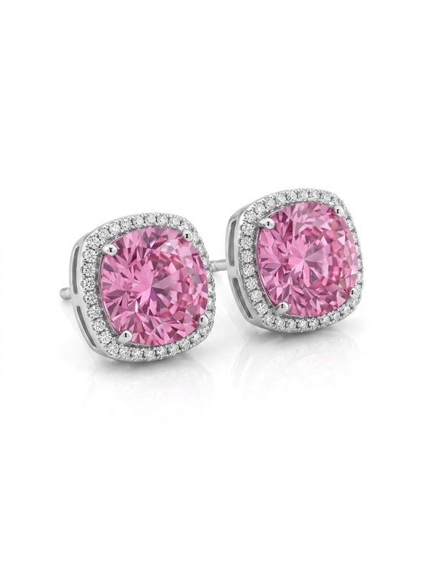 Anti Tarnish 18K Gold Plated Round Pink Solitaire Studs for women.