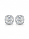 Pair of silver-tone stud earrings featuring round-cut clear gemstones enclosed in a cushion-shaped micropavé halo on a pure white studio background.