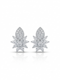 Pair of silver-tone stud earrings featuring a floral cluster of marquise stones topped with a pavé crest on a white background.
