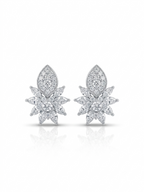 Pair of silver-tone stud earrings featuring a floral cluster of marquise stones topped with a pavé crest on a white background.