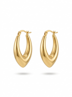 Tapered teardrop-shaped gold-plated hoop earrings.