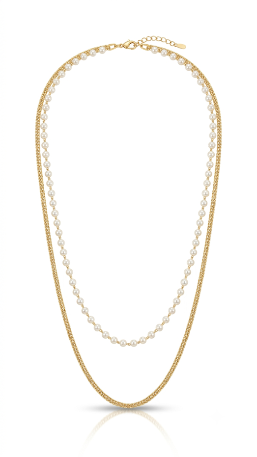 Luminous Pearl and Textured Gold Layered Necklace 18K gold plated