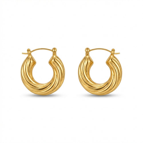 Twisted croissant-style gold-plated hoop earrings.