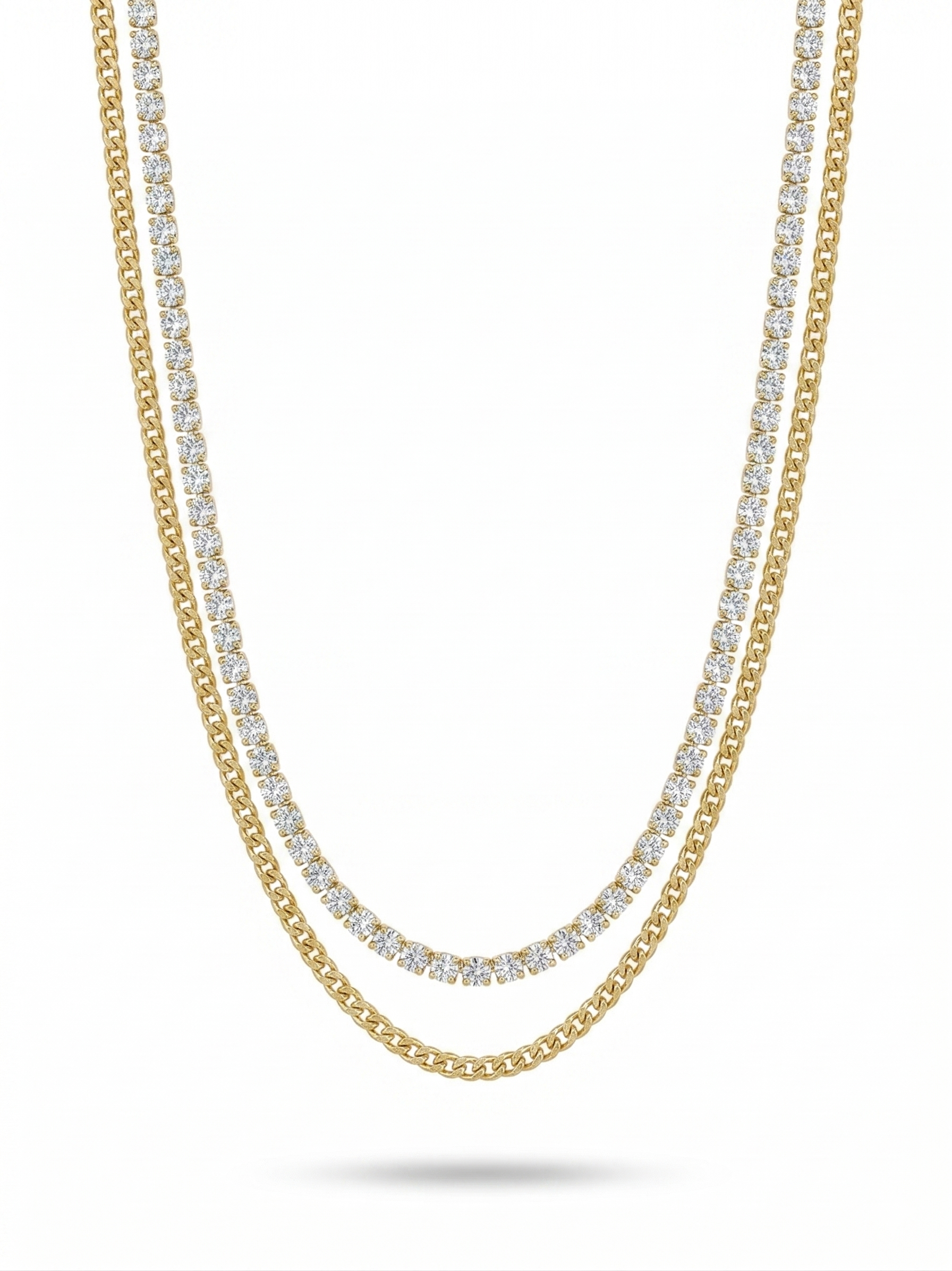 Layered Tennis and Curb Chain Necklace - 18K Gold Plated