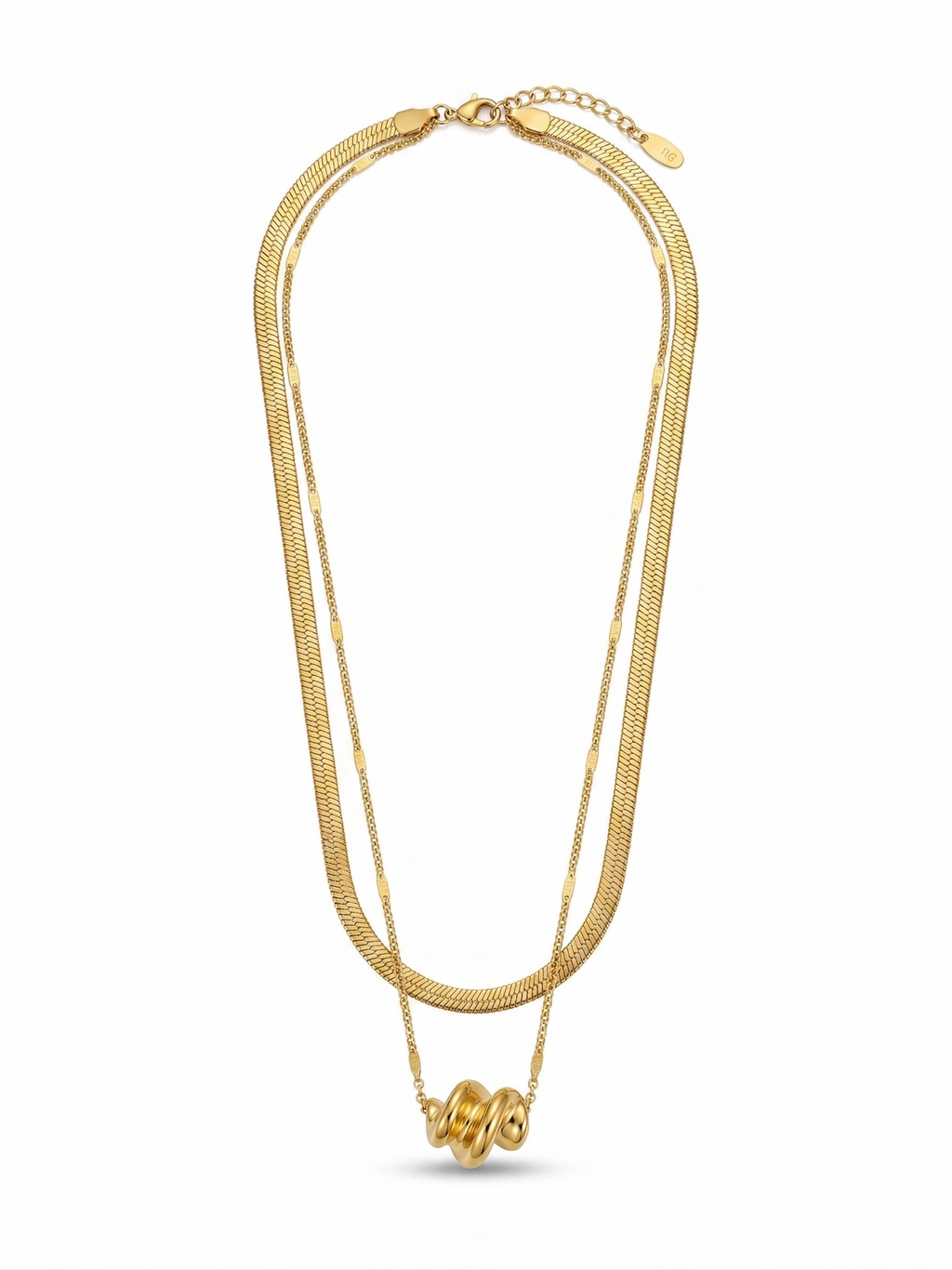 Anti-tarnish 18K gold-plated layered herringbone and twisted knot pendant necklace.