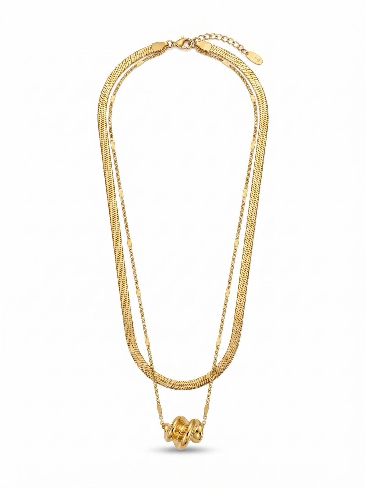 Anti-tarnish 18K gold-plated layered herringbone and twisted knot pendant necklace.