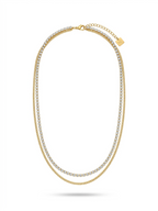 Anti-tarnish 18K gold-plated layered tennis and curb chain necklace.