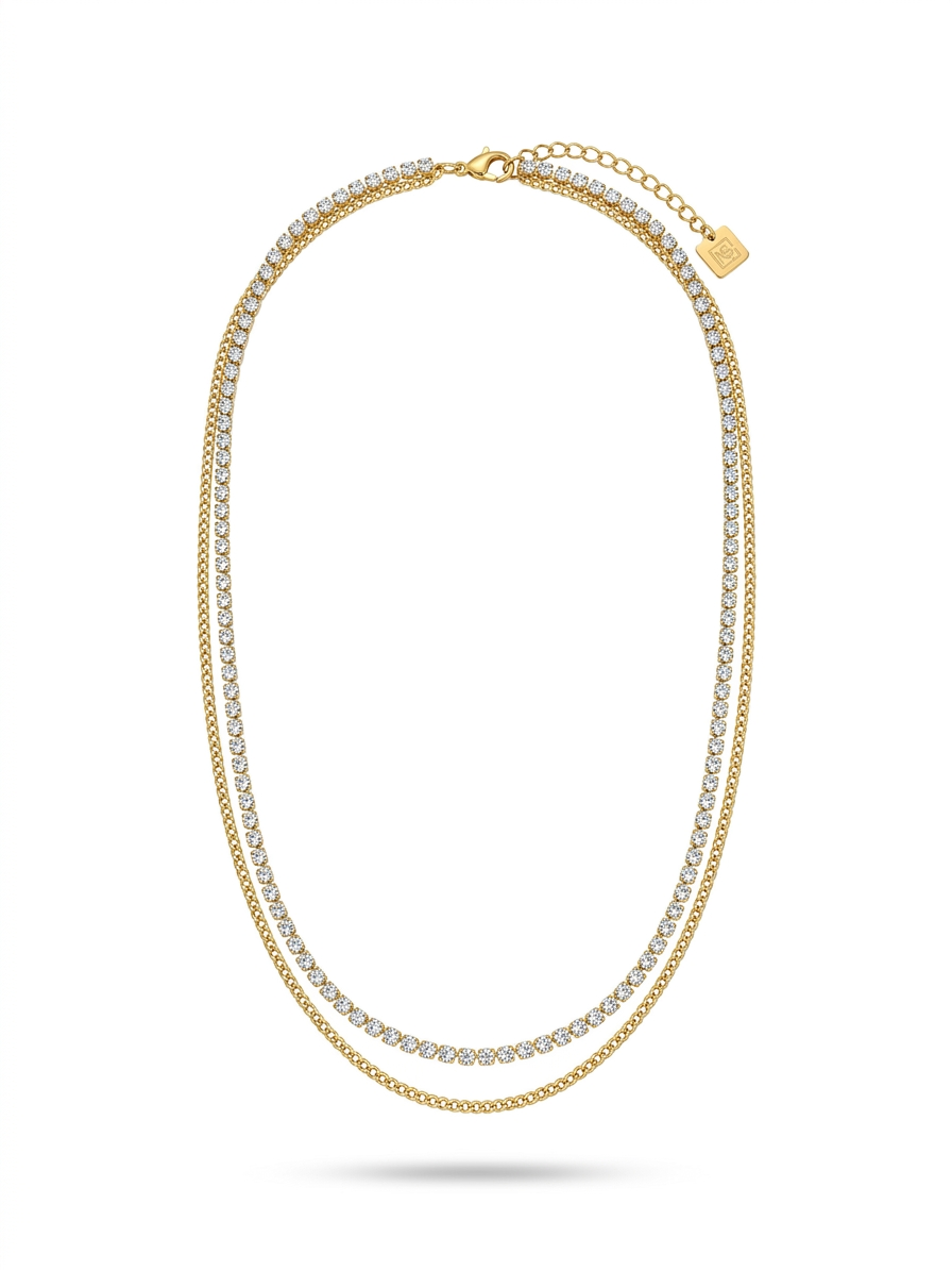 Anti-tarnish 18K gold-plated layered tennis and curb chain necklace.