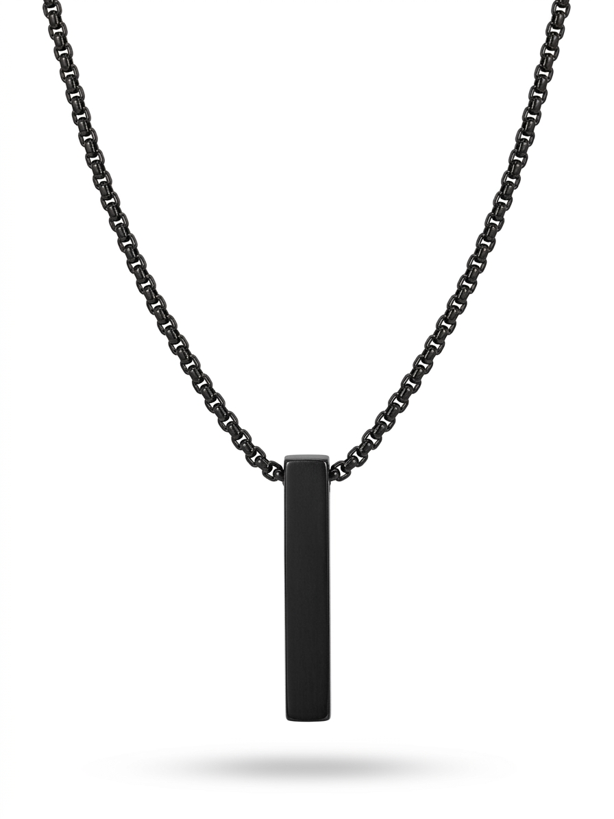 Anti-tarnish matte black vertical bar pendant necklace for men.