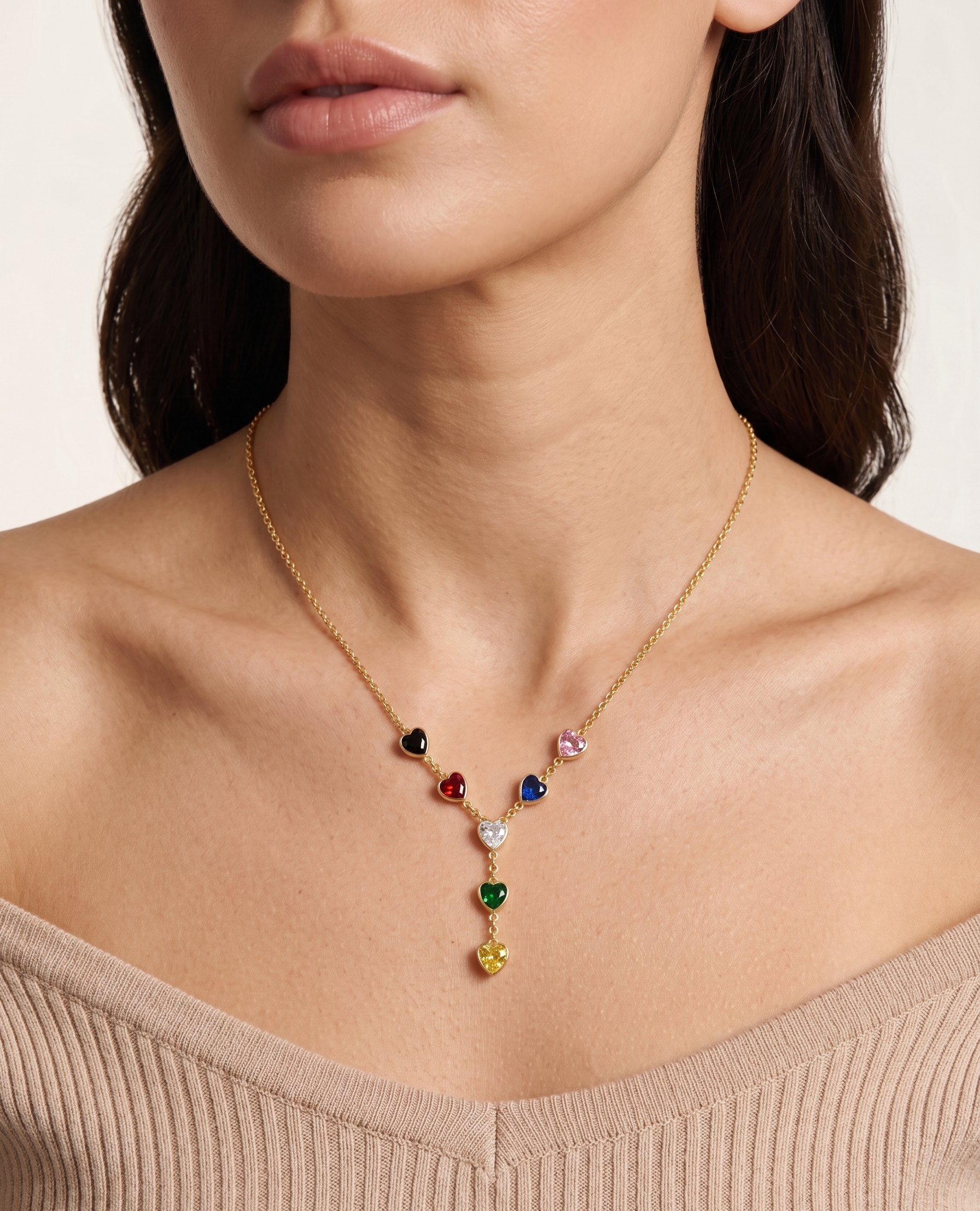Multi-Color Gemstone Heart Y-Necklace - 18K Gold Plated