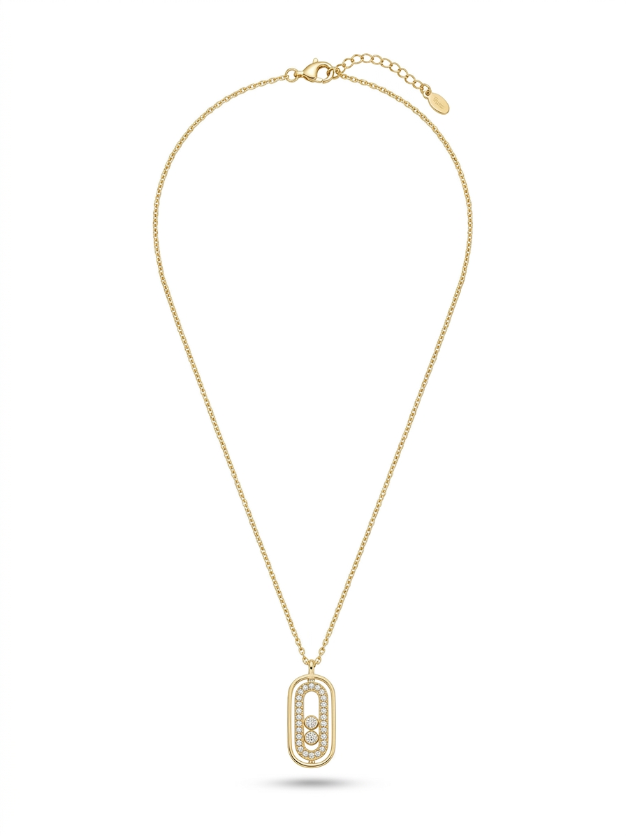 Anti-tarnish 18K gold-plated moving crystal oval pendant necklace.