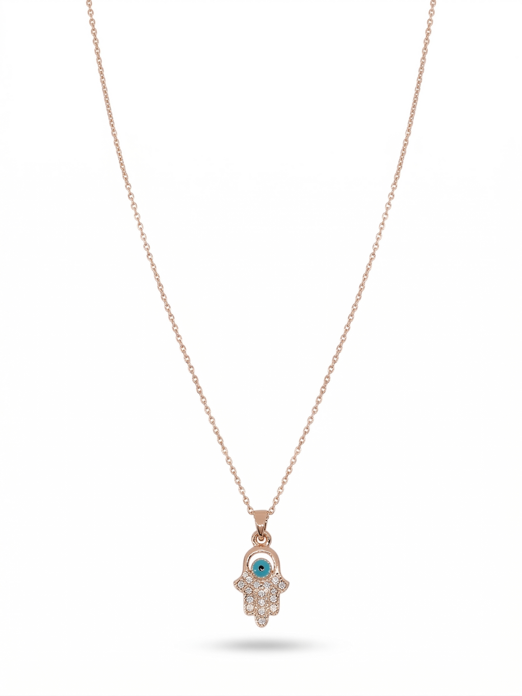 Anti-tarnish rose gold-plated Hamsa hand evil eye pendant necklace.