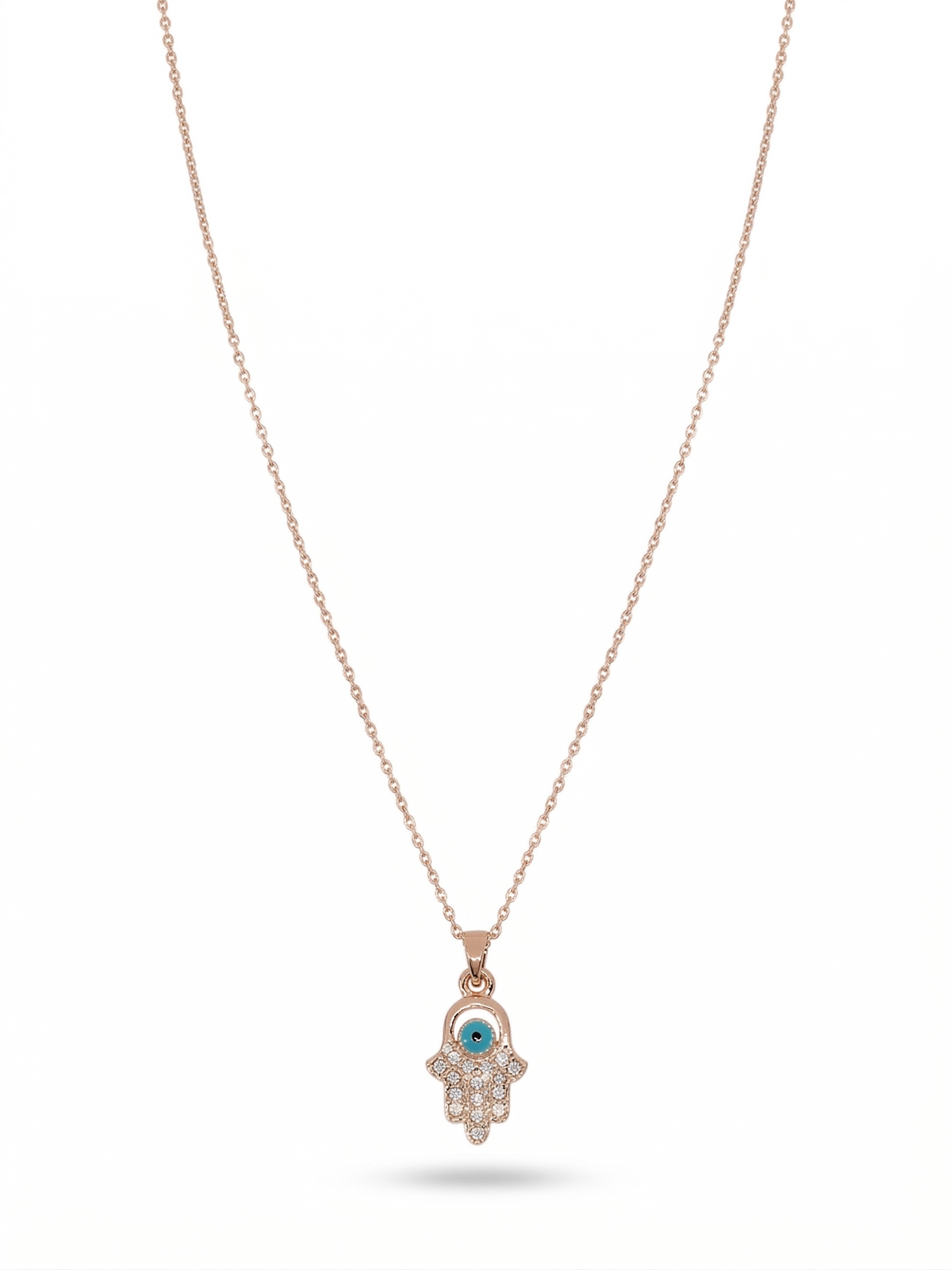Anti-tarnish rose gold-plated Hamsa hand evil eye pendant necklace.